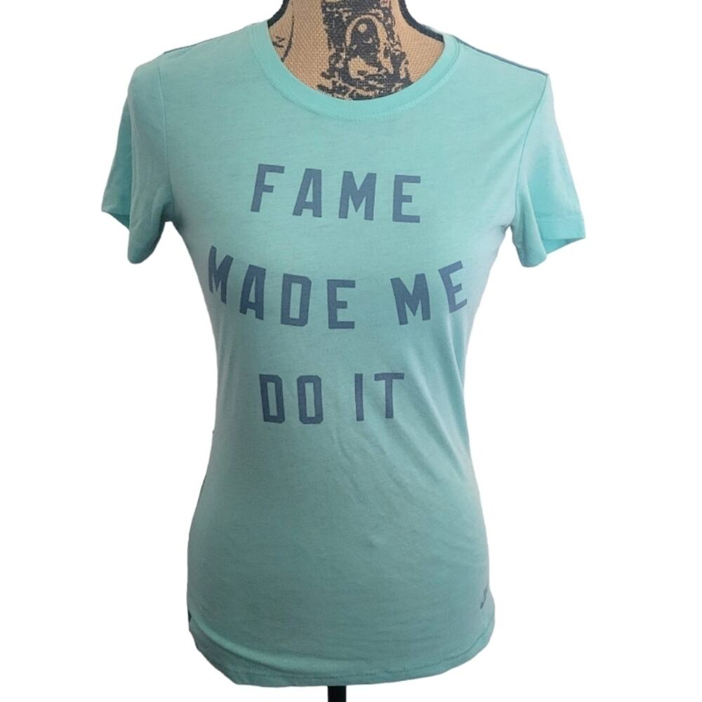 Small Nike "Fame Made Me Do It" blue and aqua green tee graphic t-shirt